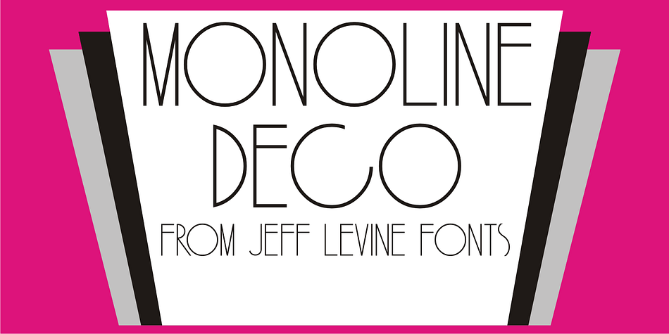Monoline Deco JNL is a thin, elegant typeface that is reminiscent of the Art Deco Streamline influence of the 1930s and 1940s, complete with angular and truncated characters.