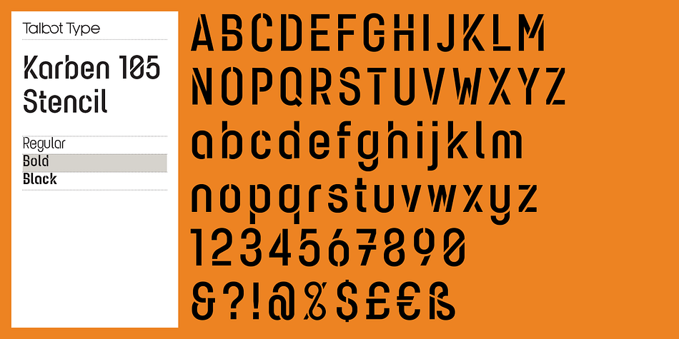 Karben 105 Stencil font family sample image.