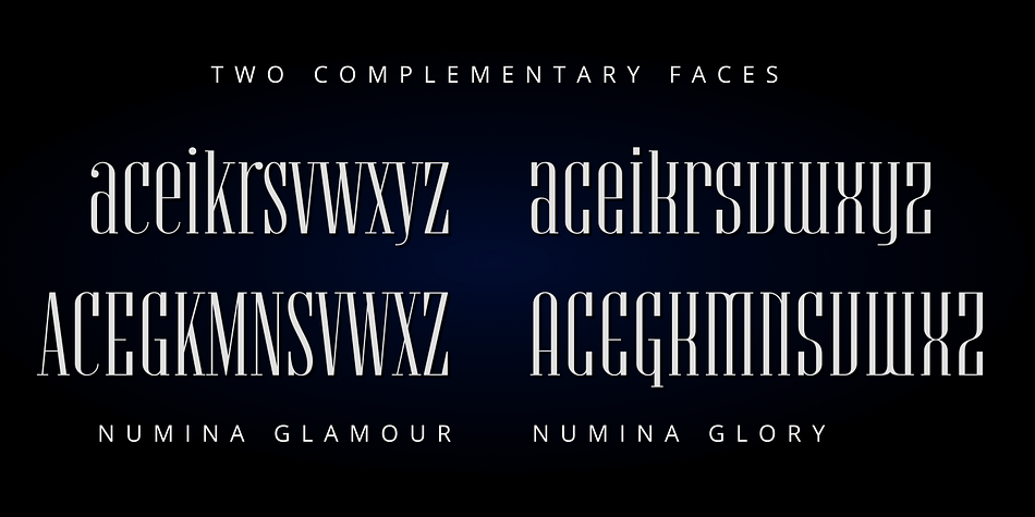 Numina Glory capitalizes on the family’s strong, relentless vertical texture, eschewing diagonals in favor of robust pillars, whereas Numina Glamour opts for more traditional letterforms for improved legibility and a classy, airy grace.