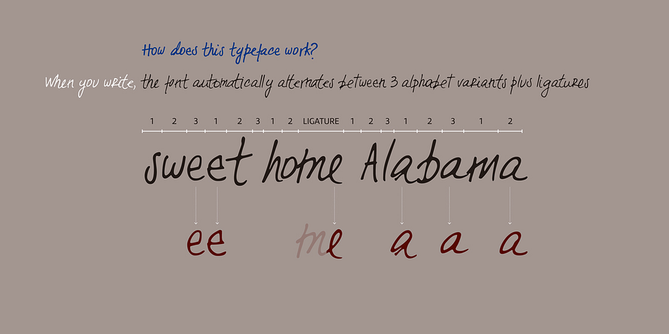 It consists of three different alphabets which are interleaved to provide variations in height, weight and inclination, typical of handwriting.