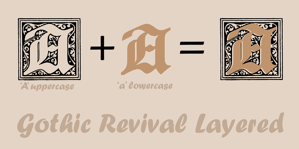 Gothic Revival Layered font family sample image.