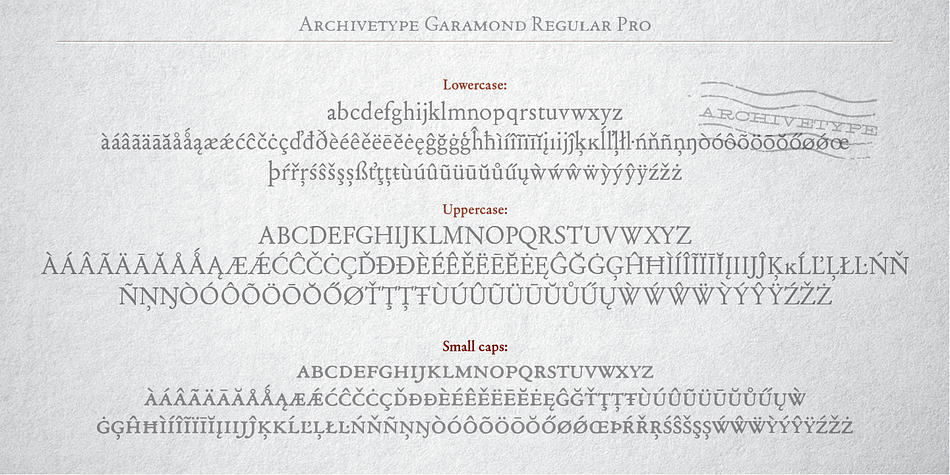 While the majority of contemporary digital interpretations of the “Garamond types” are cleaner and more polished versions of that genre, Archive Garamond tries to keep the rough nature which was typical in the early days of printing.