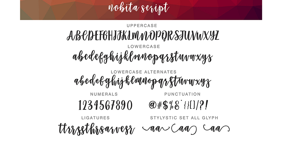 Nobita Script can be incorporated easily and simply into your work because includes many features: a complete set of lower and uppercase letters, assorted punctuation, numbers, and multilingual support.