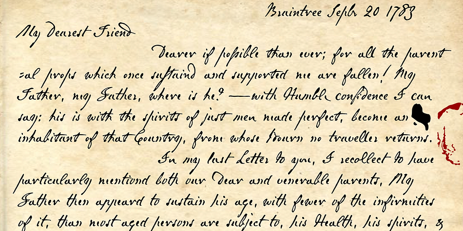 OpenType features include numerous ligatures, standard and contextual alternates, lining and old-style figures, cross-outs, ink blots, and complete Central/Eastern European alphabets.