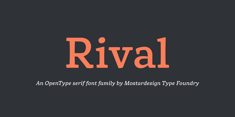 Rival is a modern serif font family inspired by characters drawn with a round nib, it has many distinctive signs such as broken curves, slightly curved downstrokes, curved diagonals, and curved, slanted axes.
