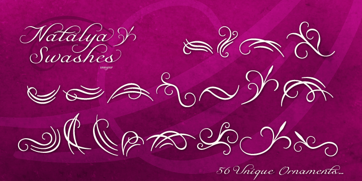 Natalya Swashes provides a diverse set of flowing swashes and ornaments originally designed to complement the popular insigne script Natalya.