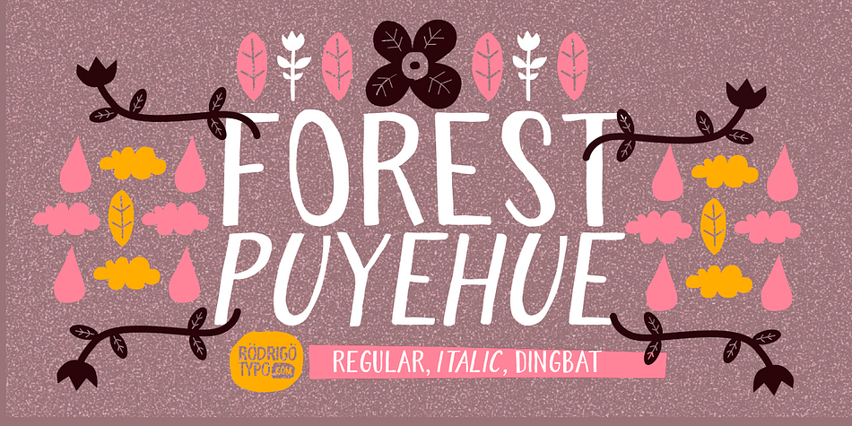 Inspired by the forests of southern Chile, known as "Puyehue" a loose handmade typography with variations such as italics and a set of ornaments, especially for entertaining titles.