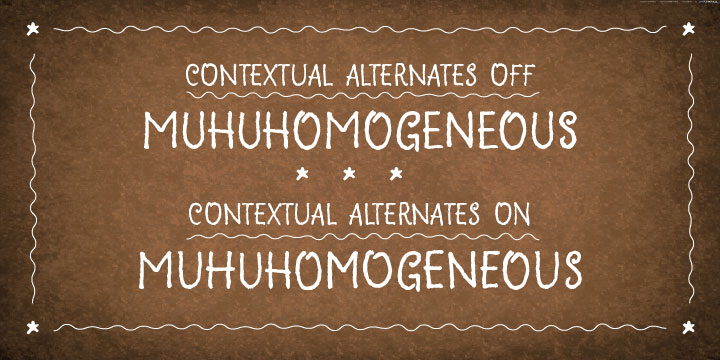 When Clumsy is used in OpenType-savvy applications, its Contextual Alternates feature produce a striking random-like effect on glyphs distribution, achieved by cycling through alternates.