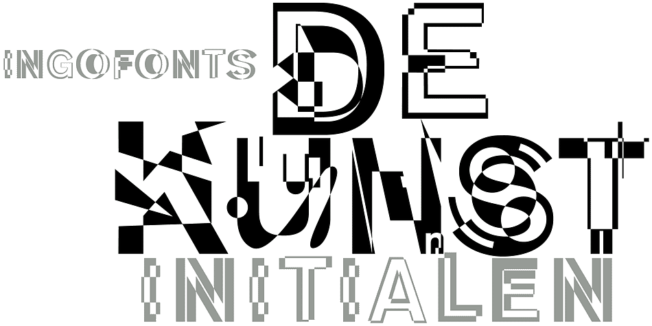 Deconstructive font, suitable only for initials; two variations for each letter; a game of positive and negative effects

New forms foreign to letters overlap the familiar contours.
