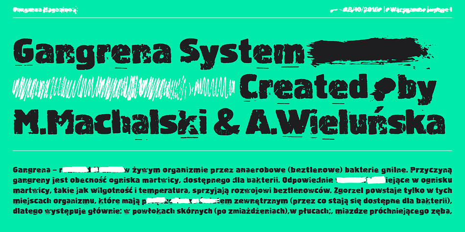 Ga​ngrena is a display font family, based on a old lettersets and style of UK punk posters from 80