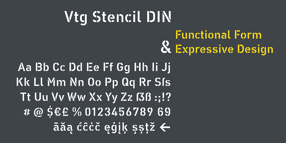 The Vtg Stencil DIN fonts were developed to made the most common stencil type of Germany available in digital type.