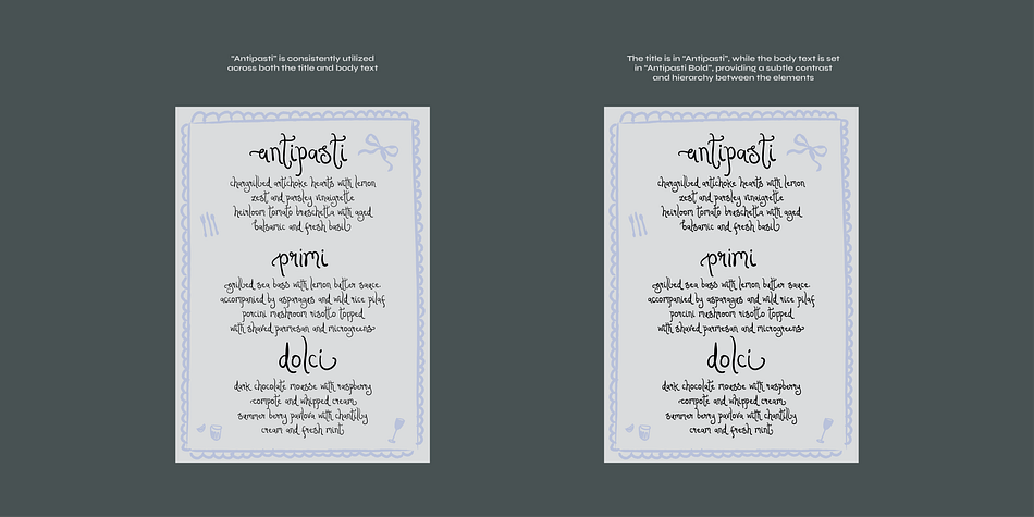 Displaying the beauty and characteristics of the Antipasti font family.
