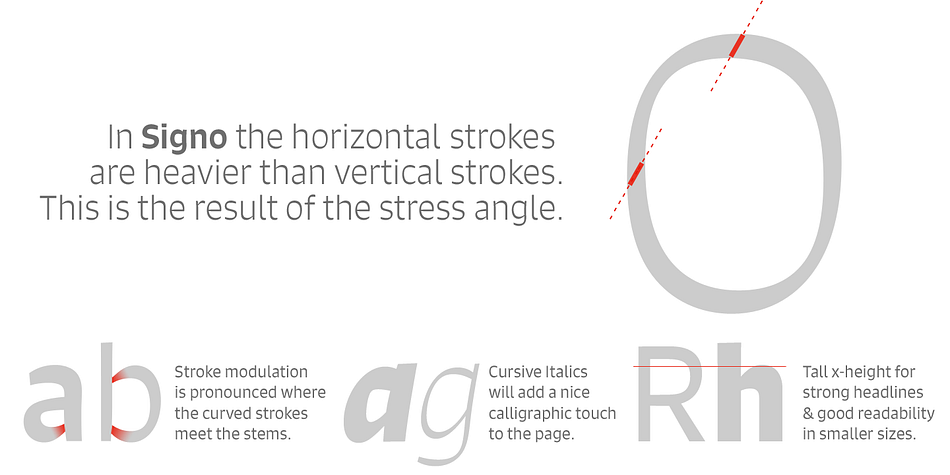 The Signo family comes in six weights, from Thin to Bold, and includes two weights for text: the Book and the Regular.