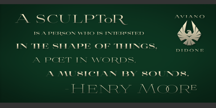 Aviano Didone’s high contrast forms lend elegant beauty, luxury and romance to your designs and it’s extended letterforms provide strength and power.