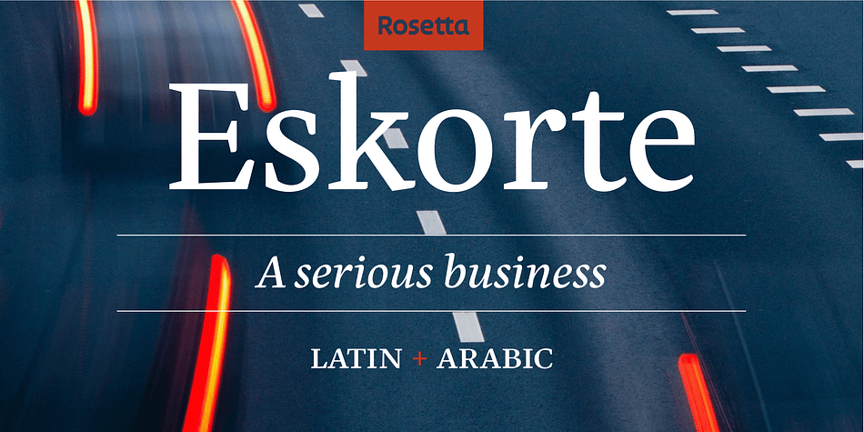 Eskorte is a diligently designed Latin-Arabic type family with an uncomplicated, inviting style that manages to convey a crisp, businesslike tone of thorough functionality.