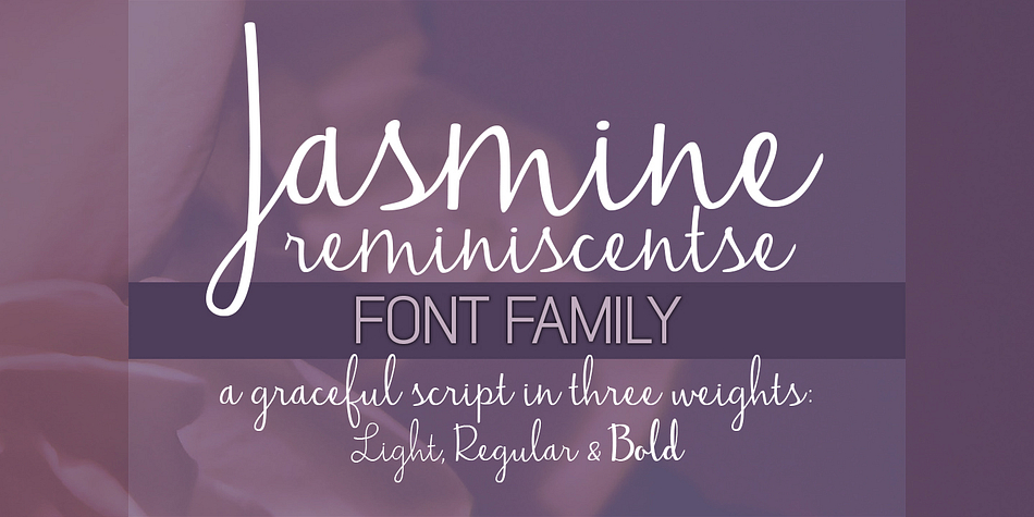Jasmine Reminiscentse is an elegant, smooth & connecting type in 3 weights- light, regular and bold.