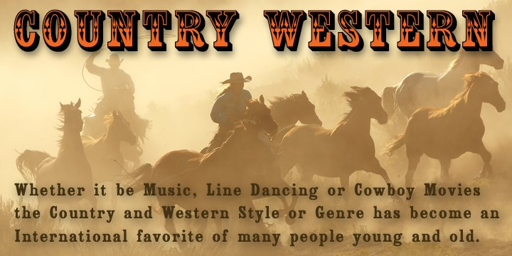 Country Western is a revival of the classic William Page font known as Clarendon Ornamented originally designed in 1859 and again in 1877 by Vanderburgh & Wells.
