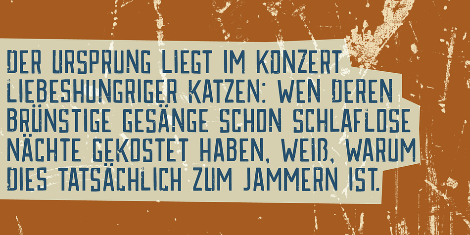 Katzenjammer font is a slightly eroded, squarish typeface, which would be ideal for headlines, packaging, posters and websites.