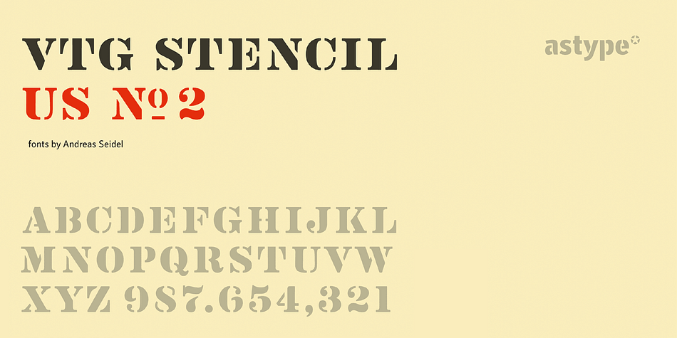 Displaying the beauty and characteristics of the Vtg Stencil US No2 font family.