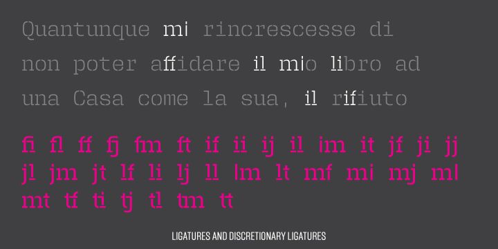 The desire for keeping a comfortable readability in User was one of the key elements, therefore we designed several ligatures that fit both single and double space width, allowing to maintain a certain idea of proportional design.