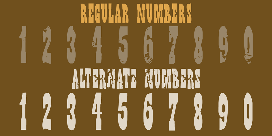 A set of alternate, non-eroded, glyphs for the lower case (including alternate numbers) completes this font.