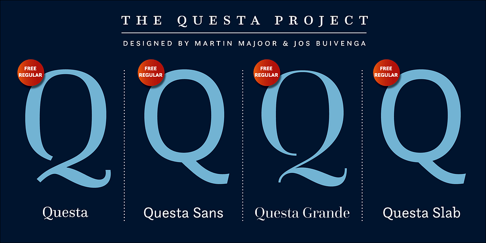 The Questa Project is a typeface superfamily, containing a serif, a matching sans and a matching display version.