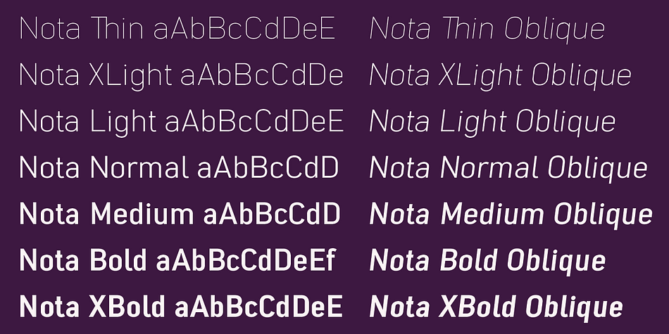 Nota is an OpenType family for professional typography with an extended character set of over 700 glyphs and extensive kerning.