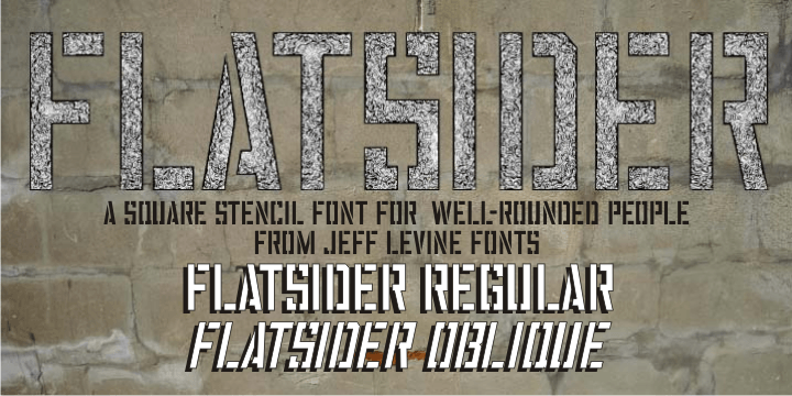 Flatsider JNL is a simple block (square) stencil font available in both regular and oblique versions.