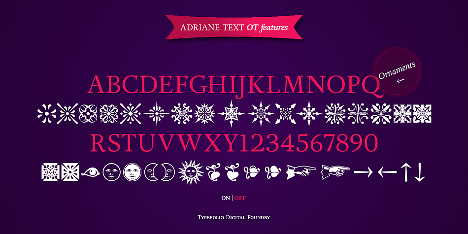 Old style and lining figures are provided in both proportional and tabular spacing, and an extensive set of ligatures, ornaments, dingbats, and alternate ampersands are available across the family.