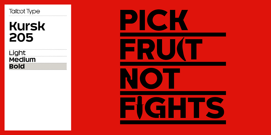 Kursk 205 is a text and display font with square proportions, inspired by the type styles of Soviet-era Russia.