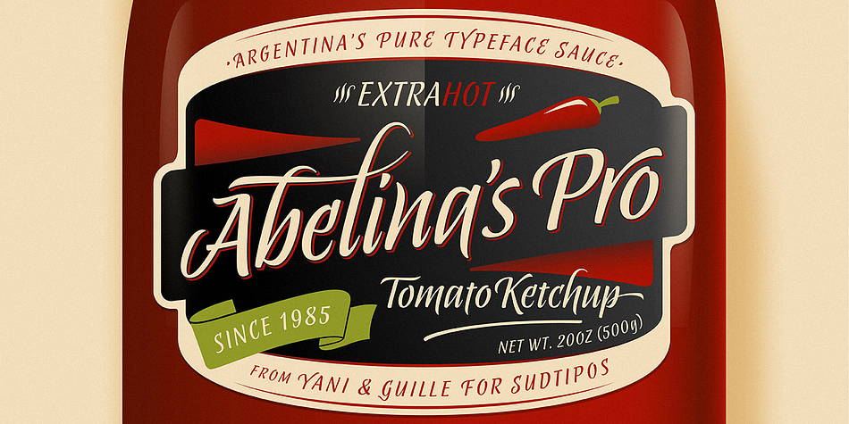 «Abelina» - initially designed by Yanina Arabena (Calligrapher, Graphic Designer and Typographer) - is reborn to make way for 

“Abelina Pro” through the solid work of Guillermo Vizzari working together with Ale Paul from Sudtipos.