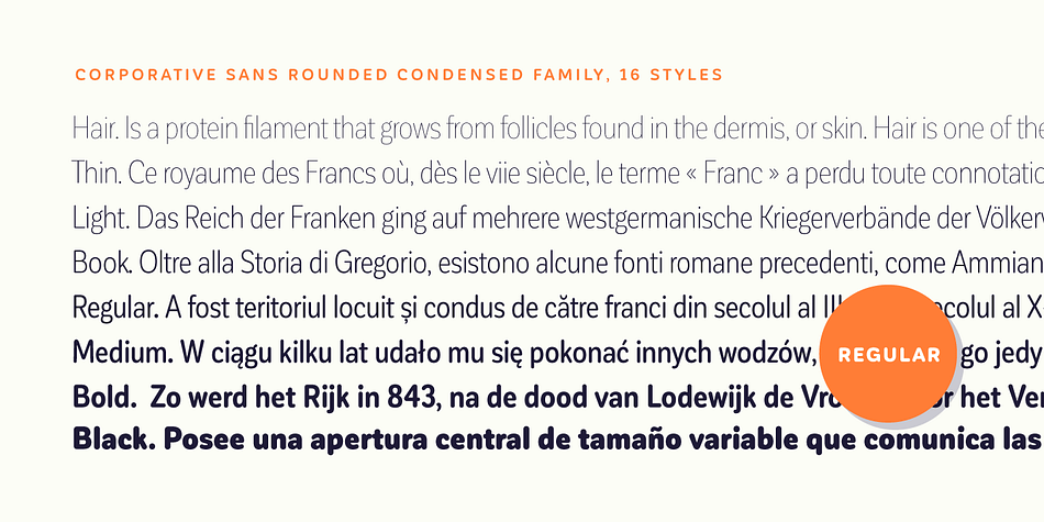 Corporative Sans Rounded Condensed provides users with a wide range of characters and weights for every project.
