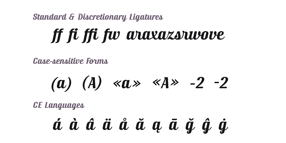 This font has more than 700 glyphs, Central European languages support, including Open Type features, swashes, and contextual stylistic alternates.