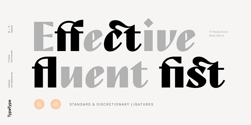 TT Nooks includes 17 OpenType features including Contextual Alternates, Lining Figures and Standard Ligatures making this font a great value.