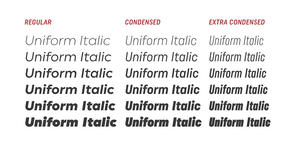 The O of the Regular width is based on a circle, the O of the Condensed width is based on 1.5 circles stacked (with straight sides) and the O of the Extra Condensed width is based on two circles stacked with straight sides as well, and all other characters are derived from this initial concept.