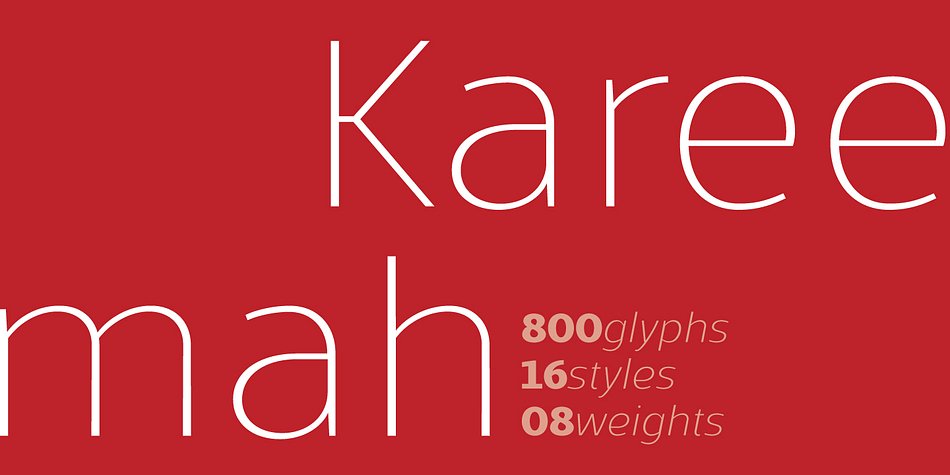 Kareemah is a humanist typography, composed by roman and italics with 16 styles and 08 weights (800 glyphs) including ligatures, alternates, smal caps,old styles figures, fractions, superiors, inferiors and more.