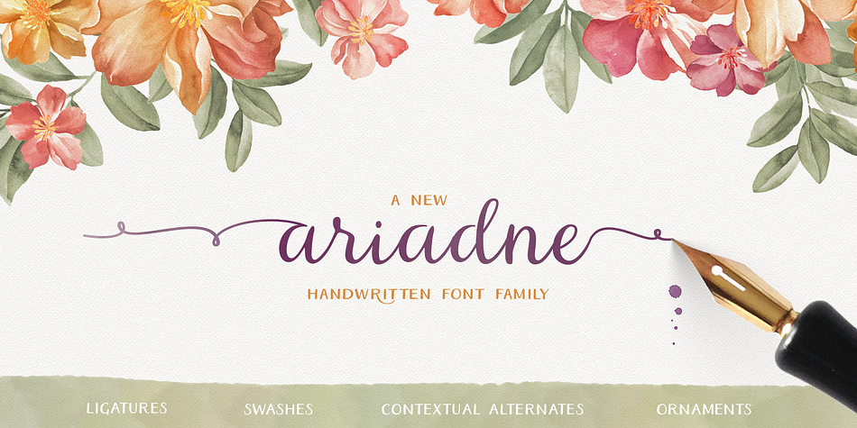 Ariadne is a handwritten font family inspired by modern handlettering and it includes three fonts: Ariadne Script, Ariadne Sans and Ariadne Sans Condensed.