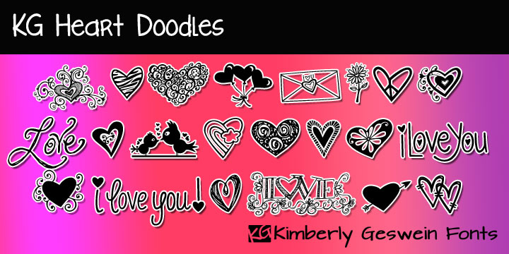 Displaying the beauty and characteristics of the KG Heart Doodles font family.