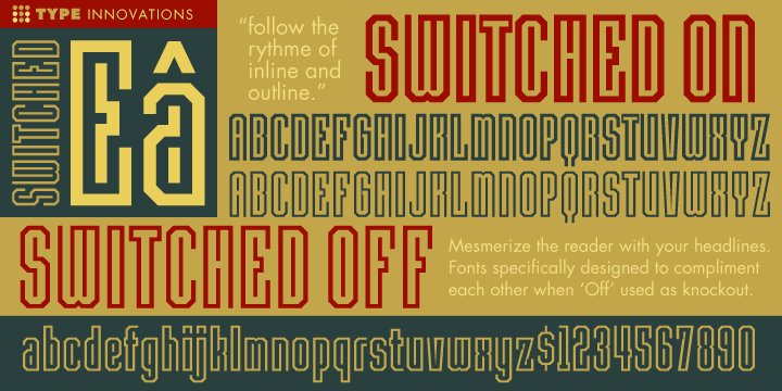 An experimental font design based on a square grid pattern, exploring some interesting inline and outline effects.
