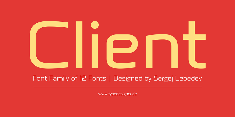 Client is а modern Square Sans font family of 12 fonts with a distinctive character and modern form language.