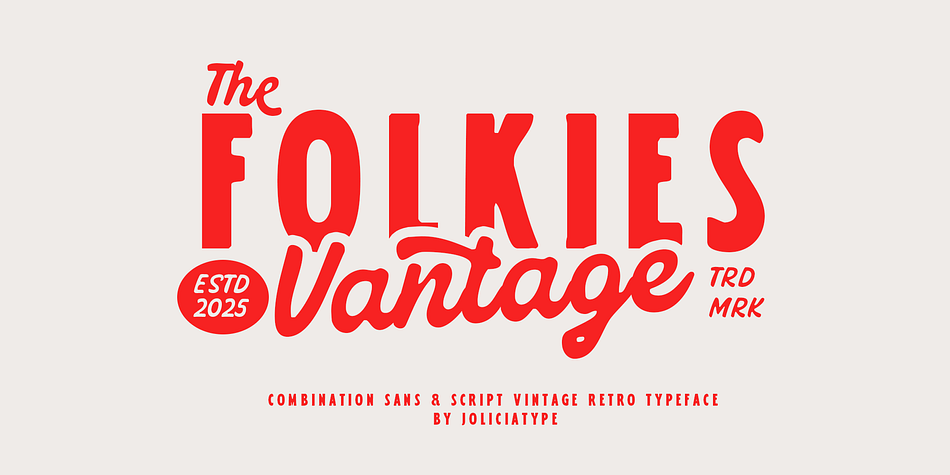 Folkies Vantage is a bold and expressive vintage font duo that combines strong Sans Serif characters with handcrafted Script strokes — capturing the timeless charm of retro signage and handcrafted letterforms. This typeface is designed to transport your audience to a nostalgic era, where rough textures, faded ink, and artisanal imperfections were part of the visual soul.