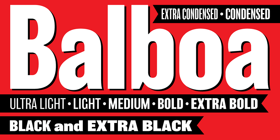 Balboa is a display design combining elements of early sans serif and grotesque types with contemporary types.