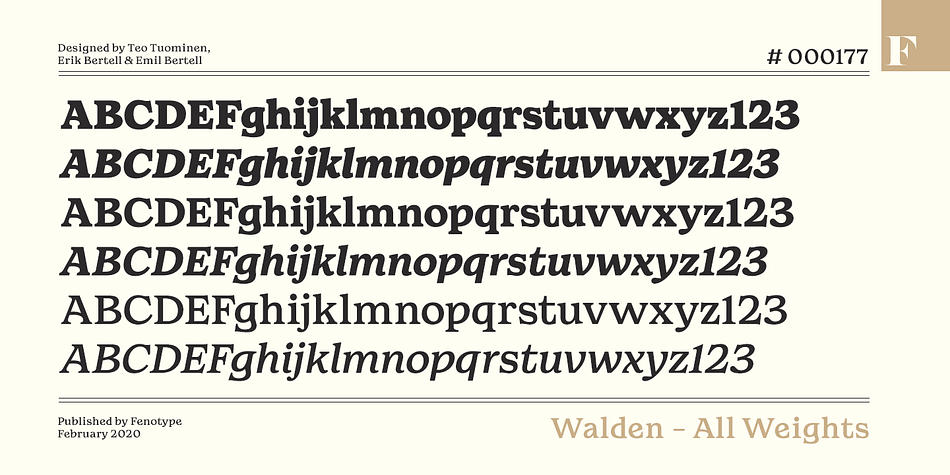 This typeface has six styles and was published by Fenotype.