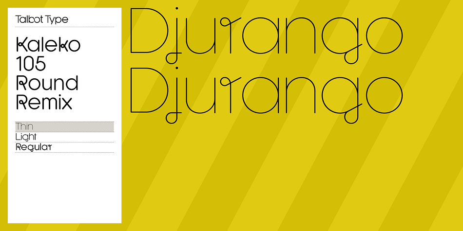 The addition of occasional flourishes at the intersections of strokes, in both upper and lower case, adds character charm, making the font a perfect titling font to accompany Kaleko 105 Round, or a display font in its own right.