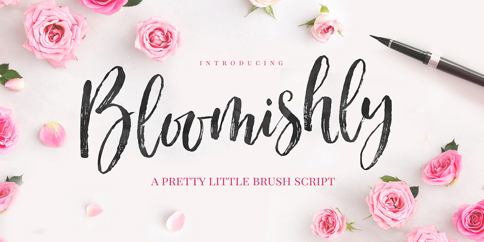 A voluptuous, bouncy brush script with a fabulously flirtatious nature :)

There are 4 variants of Bloomishly, to add even more flexibility to your designs : Regular, Broad, Italic, and Broad Italic.