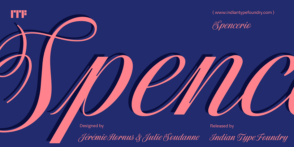 Spencerio’s letterforms are inspired by Spencerian-style calligraphy – which are usually written at a slope with a pointed pen.
