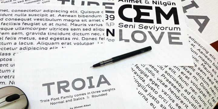 Displaying the beauty and characteristics of the Troia font family.
