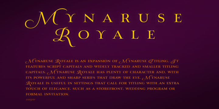 Displaying the beauty and characteristics of the Mynaruse Royale font family.