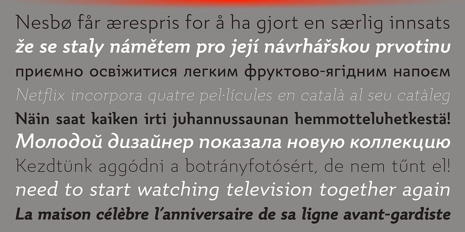 Quiza Pro comes in 8 weights + matching italics each supporting numerous Latin-based languages as well as major Cyrillic languages.