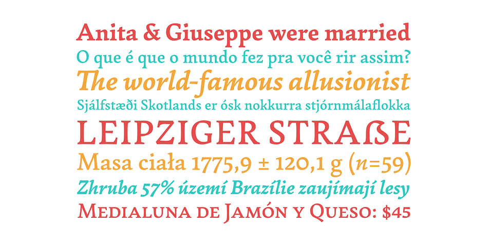 Among many OpenType features, each font contains small caps, ligatures and contextual alternates, totalling more than 750 glyphs and supporting at least 80 languages.